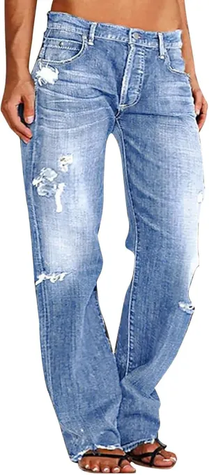 Women Men Vintage Wash Ripped Jeans High Waist Straight Leg Denim Pants Couple Zip Buttons Distress Loose Trousers
