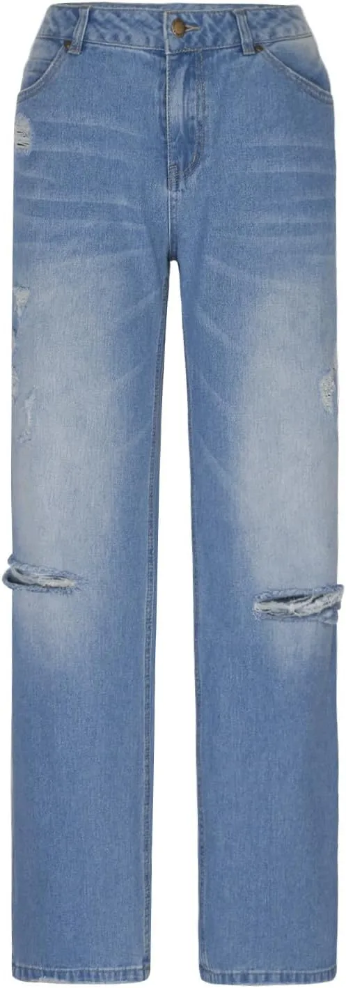 Women Men Vintage Wash Ripped Jeans High Waist Straight Leg Denim Pants Couple Zip Buttons Distress Loose Trousers