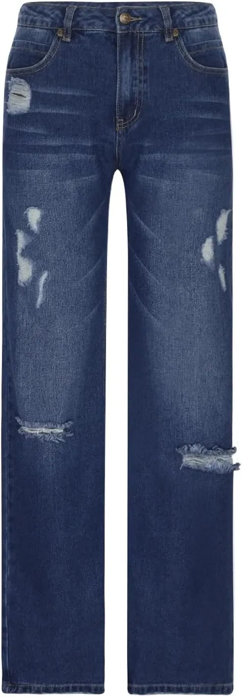 Women Men Vintage Wash Ripped Jeans High Waist Straight Leg Denim Pants Couple Zip Buttons Distress Loose Trousers