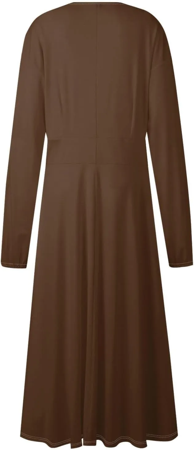 Women Midi Dress Casual 2025 A-Line High Waist V Neck Ruffle Belted Boho Dresses Long Sleeve Pleated Flowy Dressy Dresses