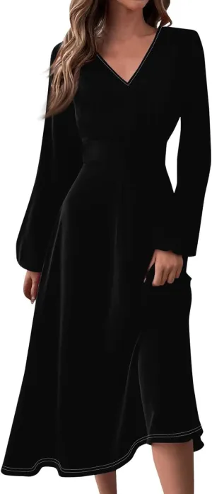 Women Midi Dress Casual 2025 A-Line High Waist V Neck Ruffle Belted Boho Dresses Long Sleeve Pleated Flowy Dressy Dresses