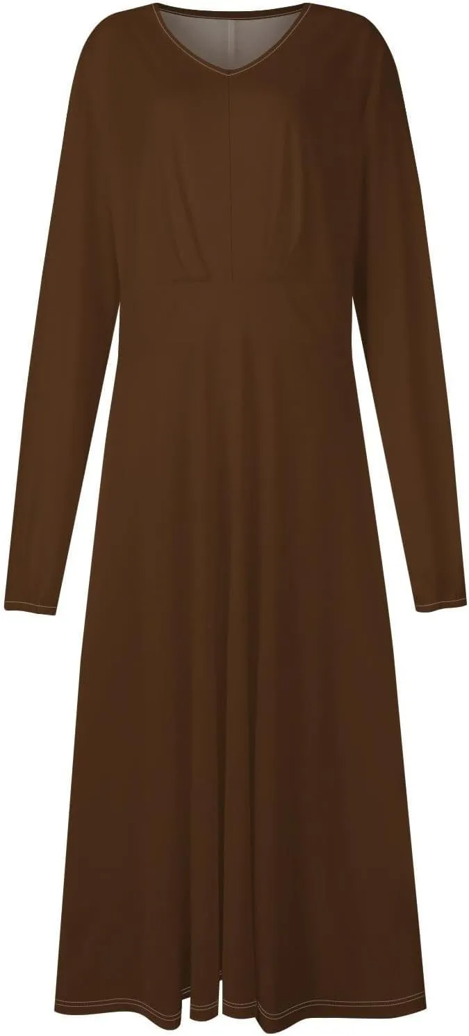 Women Midi Dress Casual 2025 A-Line High Waist V Neck Ruffle Belted Boho Dresses Long Sleeve Pleated Flowy Dressy Dresses