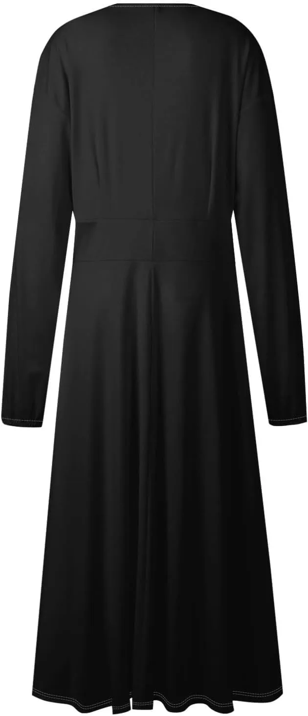 Women Midi Dress Casual 2025 A-Line High Waist V Neck Ruffle Belted Boho Dresses Long Sleeve Pleated Flowy Dressy Dresses
