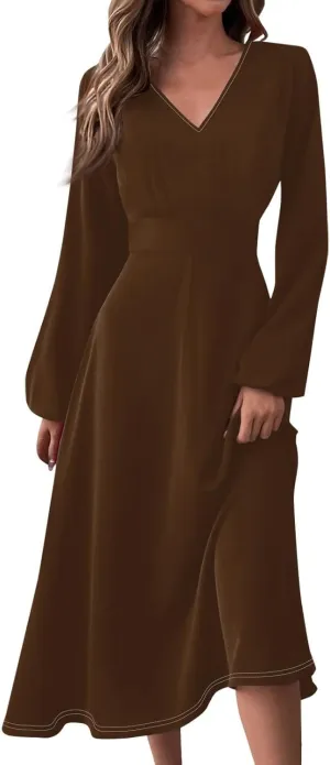 Women Midi Dress Casual 2025 A-Line High Waist V Neck Ruffle Belted Boho Dresses Long Sleeve Pleated Flowy Dressy Dresses