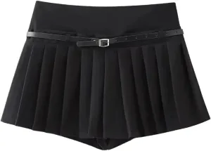 Women Pleated Shorts Skirts with Belt Mid Waist Side Zipper for Casual Chic Fashion
