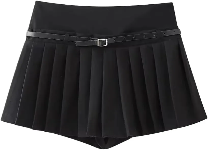 Women Pleated Shorts Skirts with Belt Mid Waist Side Zipper for Casual Chic Fashion