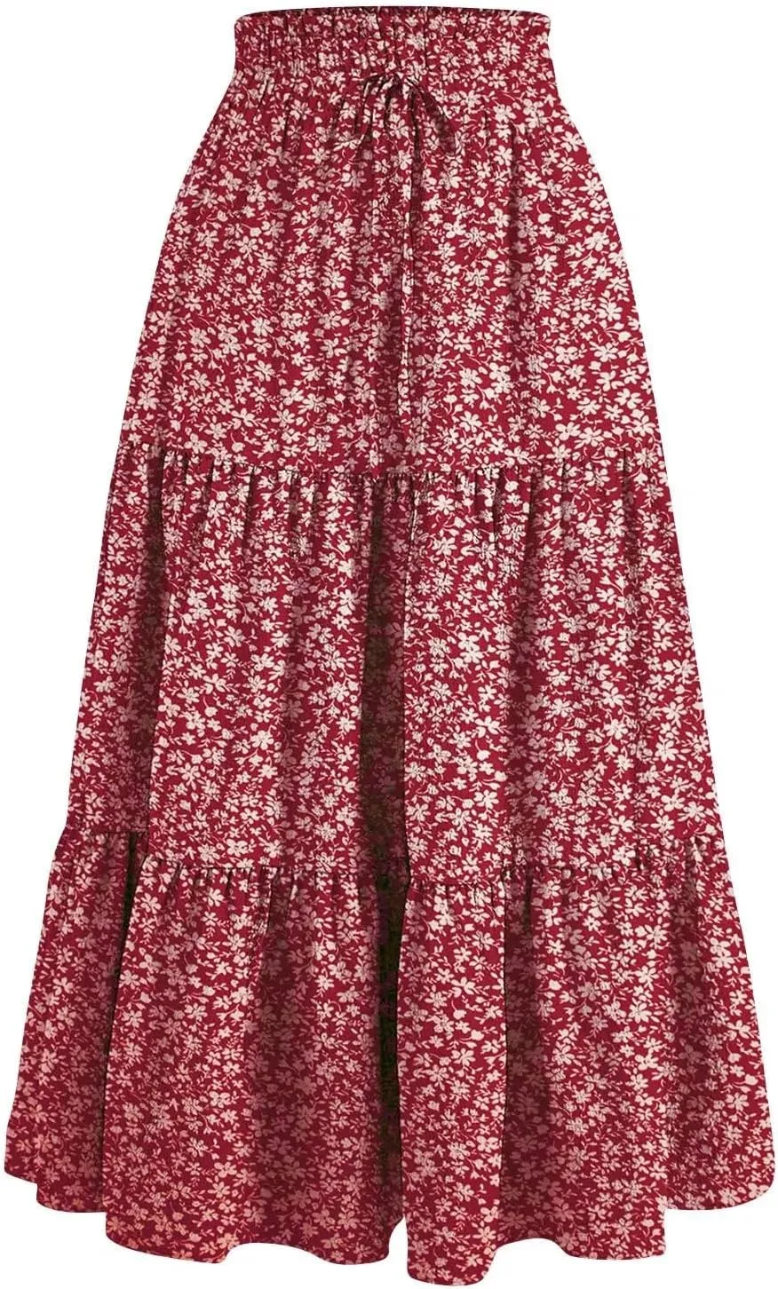 Women Retro Floral Skirt Style High Waist Pleated A-line Skirt Casual Office All-Match Temperament Thin Skirt