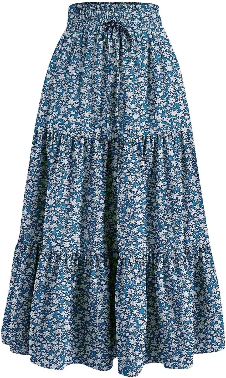 Women Retro Floral Skirt Style High Waist Pleated A-line Skirt Casual Office All-Match Temperament Thin Skirt