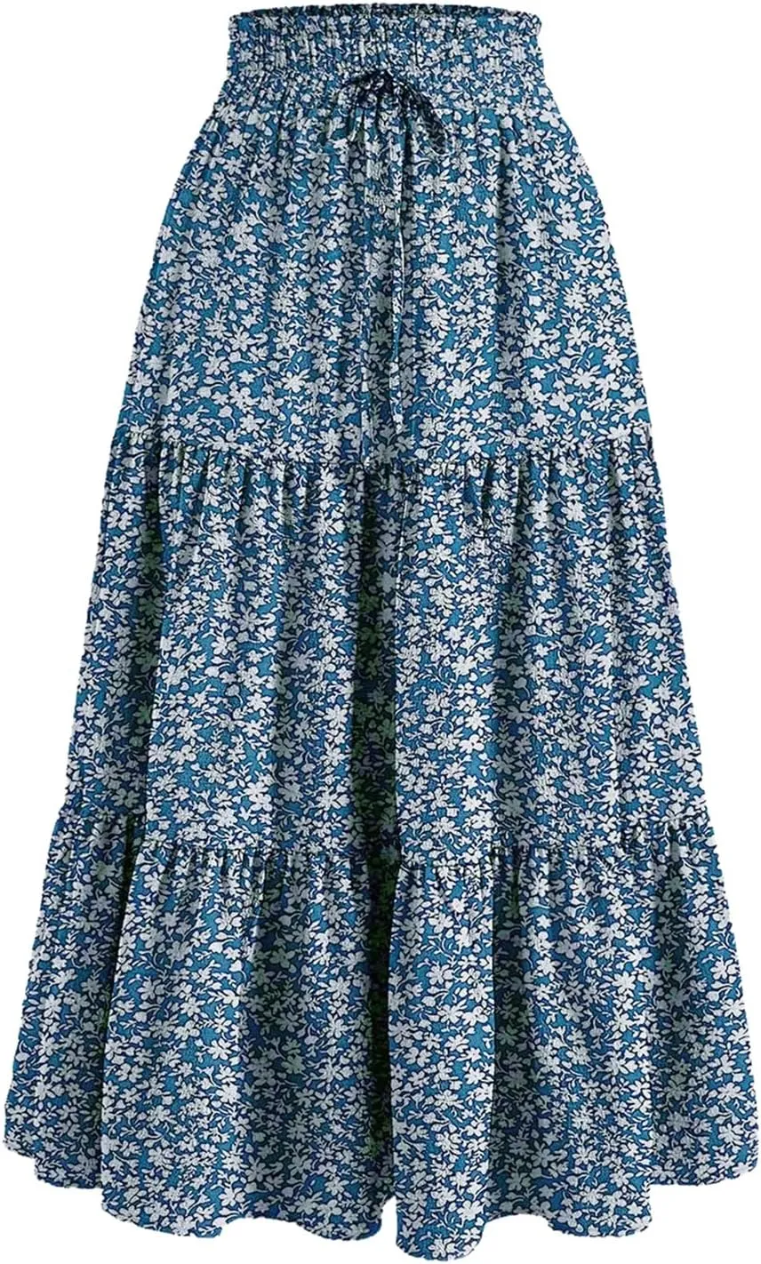 Women Retro Floral Skirt Style High Waist Pleated A-line Skirt Casual Office All-Match Temperament Thin Skirt