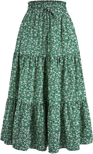 Women Retro Floral Skirt Style High Waist Pleated A-line Skirt Casual Office All-Match Temperament Thin Skirt
