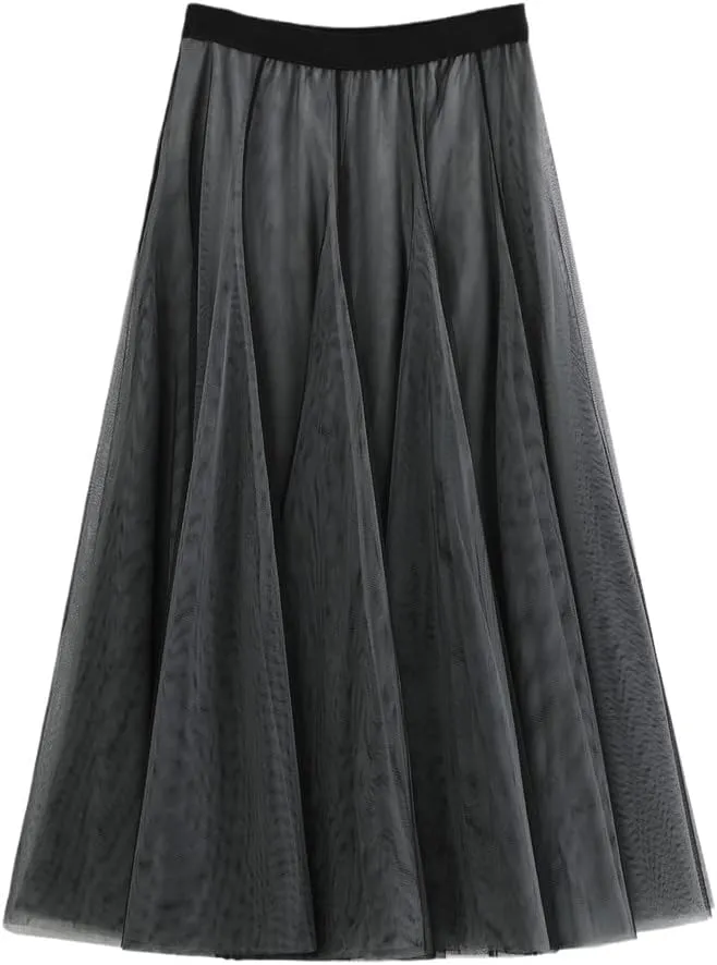 Women Skirt High Waist Lace Skirt A-Line Simple Elegant Mesh Tulle Midi Skirt Spring Autumn Women Skirts