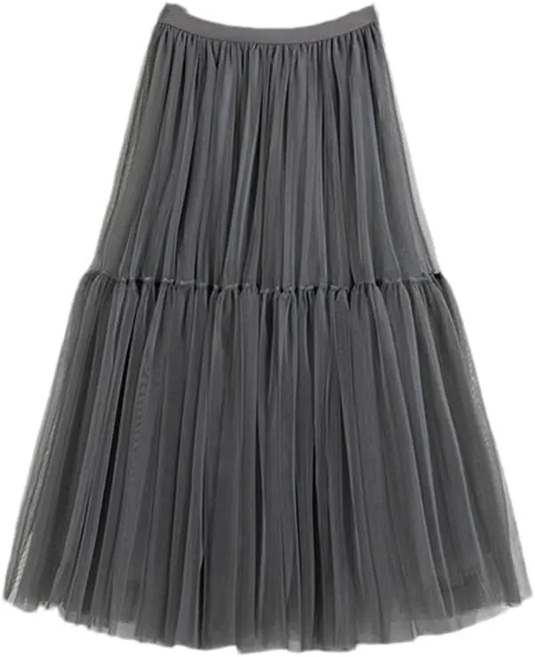 Women Skirt High Waist Lace Skirt A-Line Simple Mesh Tulle Midi Skirt Spring Autumn Woman Skirts