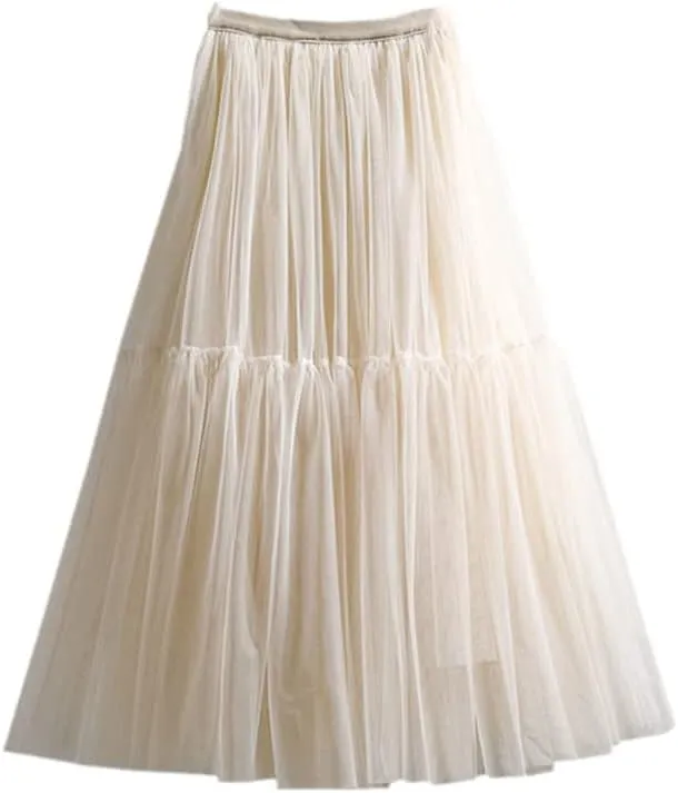 Women Skirt High Waist Lace Skirt A-Line Simple Mesh Tulle Midi Skirt Spring Autumn Woman Skirts