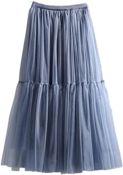 Women Skirt High Waist Lace Skirt A-Line Simple Mesh Tulle Midi Skirt Spring Autumn Woman Skirts