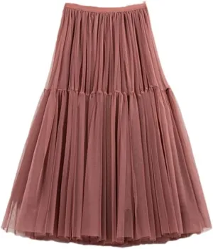 Women Skirt High Waist Lace Skirt A-Line Simple Mesh Tulle Midi Skirt Spring Autumn Woman Skirts