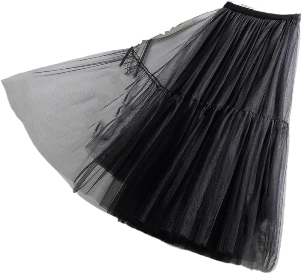 Women Skirt High Waist Lace Skirt A-Line Simple Mesh Tulle Midi Skirt Spring Autumn Woman Skirts