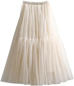 Women Skirt High Waist Lace Skirt A-Line Simple Mesh Tulle Midi Skirt Spring Autumn Woman Skirts