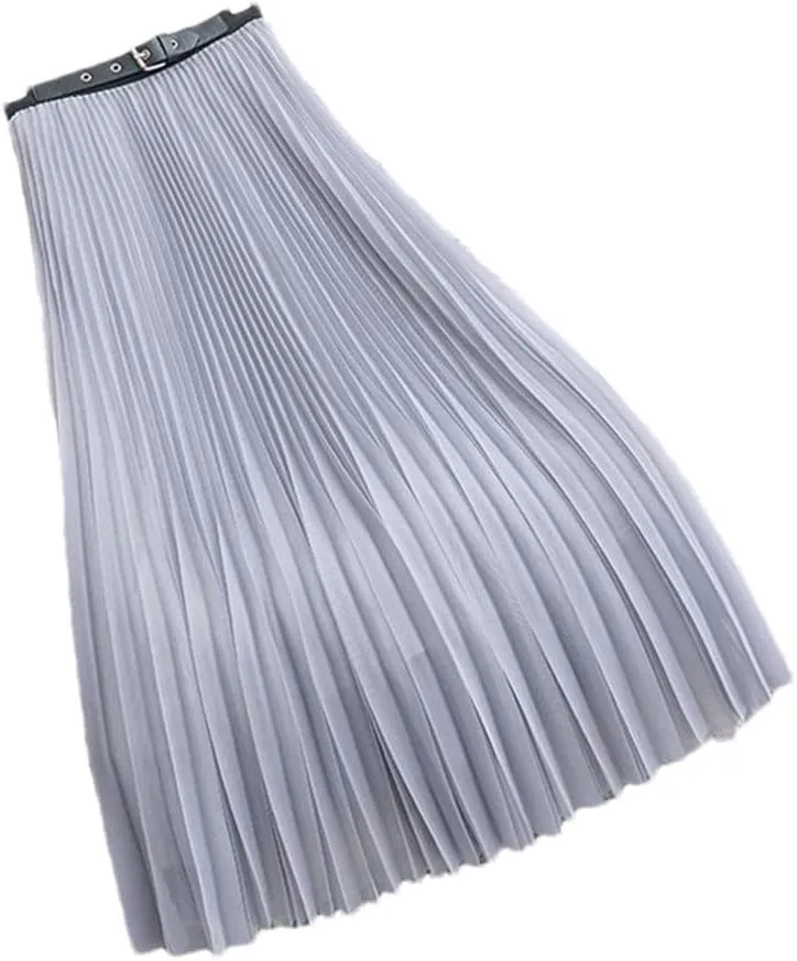 Women Skirt High Waist Mesh Pleated Midi Skirt A-Line Simple Skirt Spring Autumn Woman Skirts