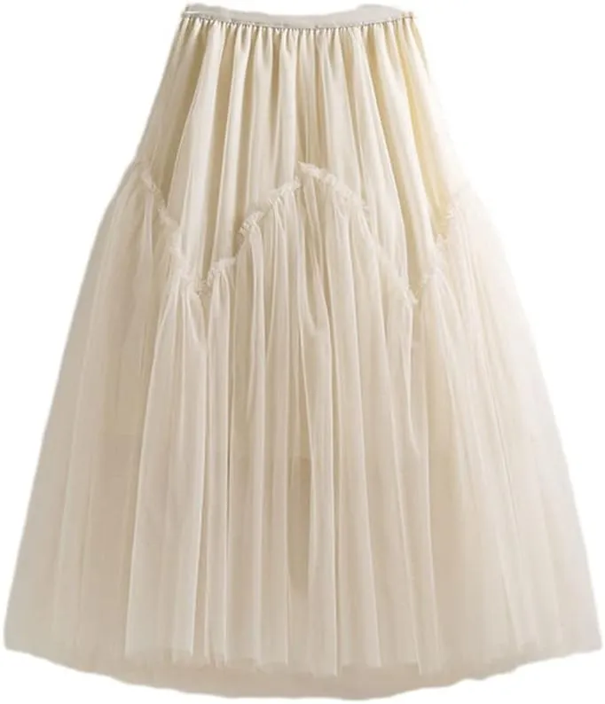 Women Skirt Patchwork Skirt High Waist A-Line Simple Mesh Tulle Midi Skirt Party Spring Autumn