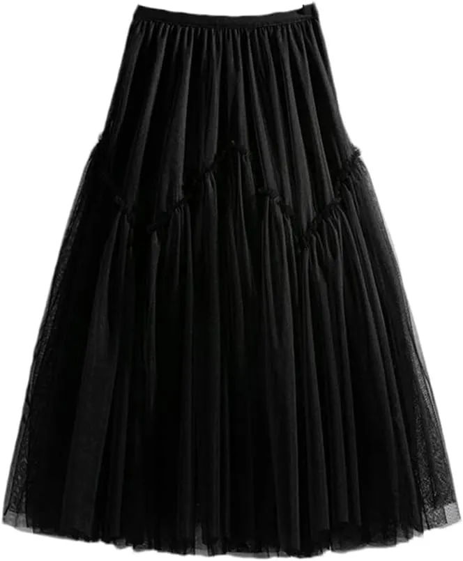 Women Skirt Patchwork Skirt High Waist A-Line Simple Mesh Tulle Midi Skirt Party Spring Autumn