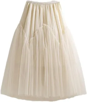 Women Skirt Patchwork Skirt High Waist A-Line Simple Mesh Tulle Midi Skirt Party Spring Autumn