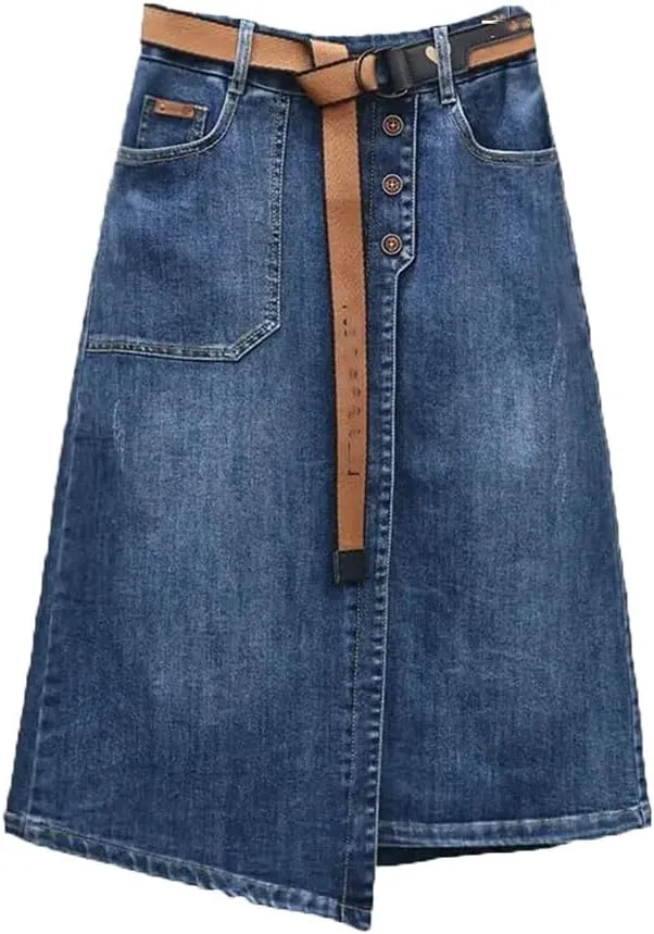 Women Slim Irregular Denim Skirt Casual High Waisted A-Line Buttocks Wrapped Skirts