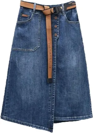 Women Slim Irregular Denim Skirt Casual High Waisted A-Line Buttocks Wrapped Skirts