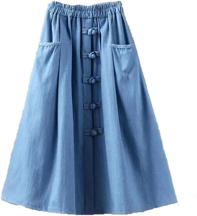 Women Solid Loose with Pockets Denim Skirt High Waisted Retro Casual A-Line Skirts