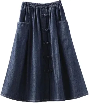 Women Solid Loose with Pockets Denim Skirt High Waisted Retro Casual A-Line Skirts