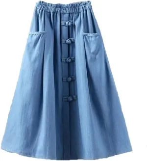 Women Solid Loose with Pockets Denim Skirt High Waisted Retro Casual A-Line Skirts