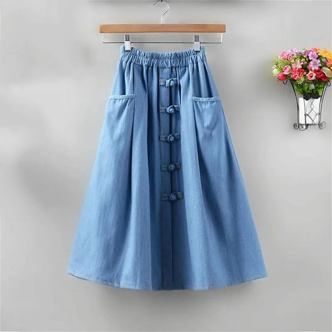 Women Solid Loose with Pockets Denim Skirt High Waisted Retro Casual A-Line Skirts