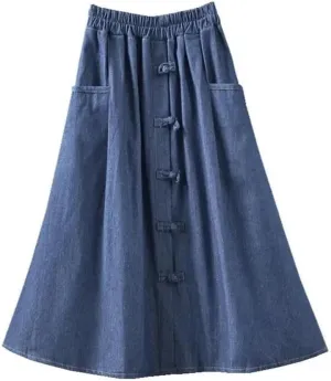 Women Solid Loose with Pockets Denim Skirt High Waisted Retro Casual A-Line Skirts