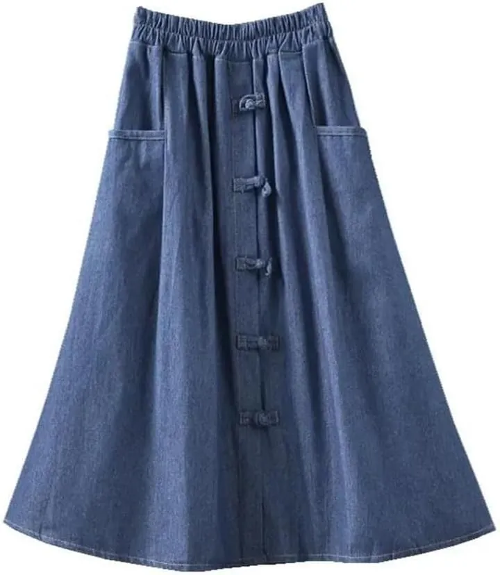 Women Solid Loose with Pockets Denim Skirt High Waisted Retro Casual A-Line Skirts