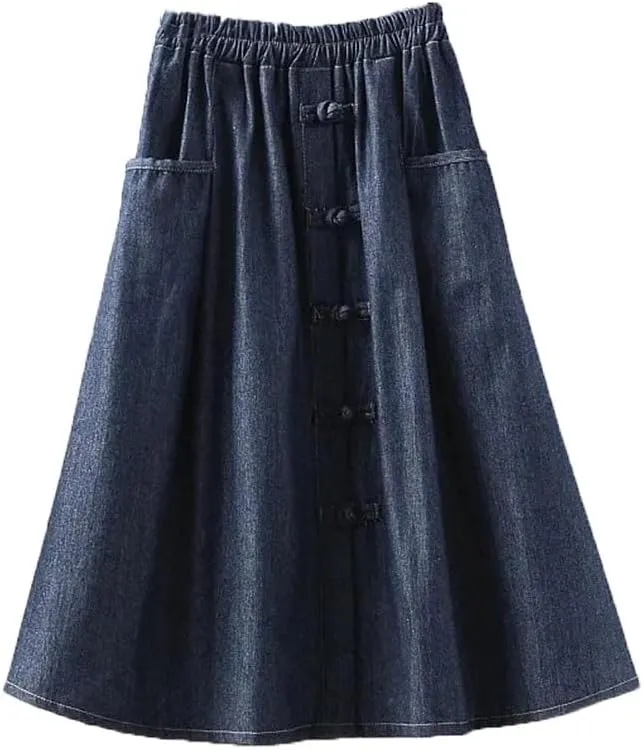 Women Solid Loose with Pockets Denim Skirt High Waisted Retro Casual A-Line Skirts
