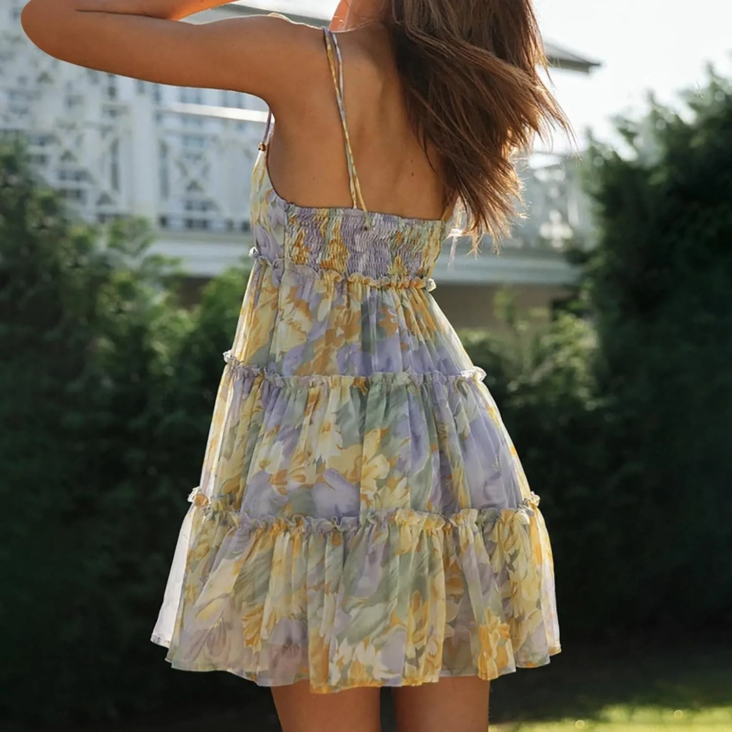 Women Spaghetti Strap Floral Mini Dress Cute Boho Flowy Babydoll Dress Sleeveless Ruffle Tiered Skater Dress Sundress