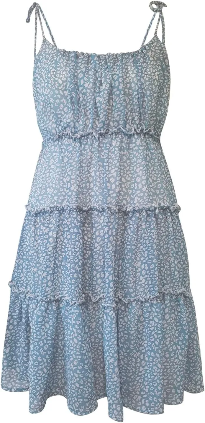 Women Spaghetti Strap Floral Mini Dress Cute Boho Flowy Babydoll Dress Sleeveless Ruffle Tiered Skater Dress Sundress