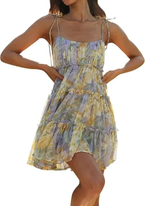 Women Spaghetti Strap Floral Mini Dress Cute Boho Flowy Babydoll Dress Sleeveless Ruffle Tiered Skater Dress Sundress