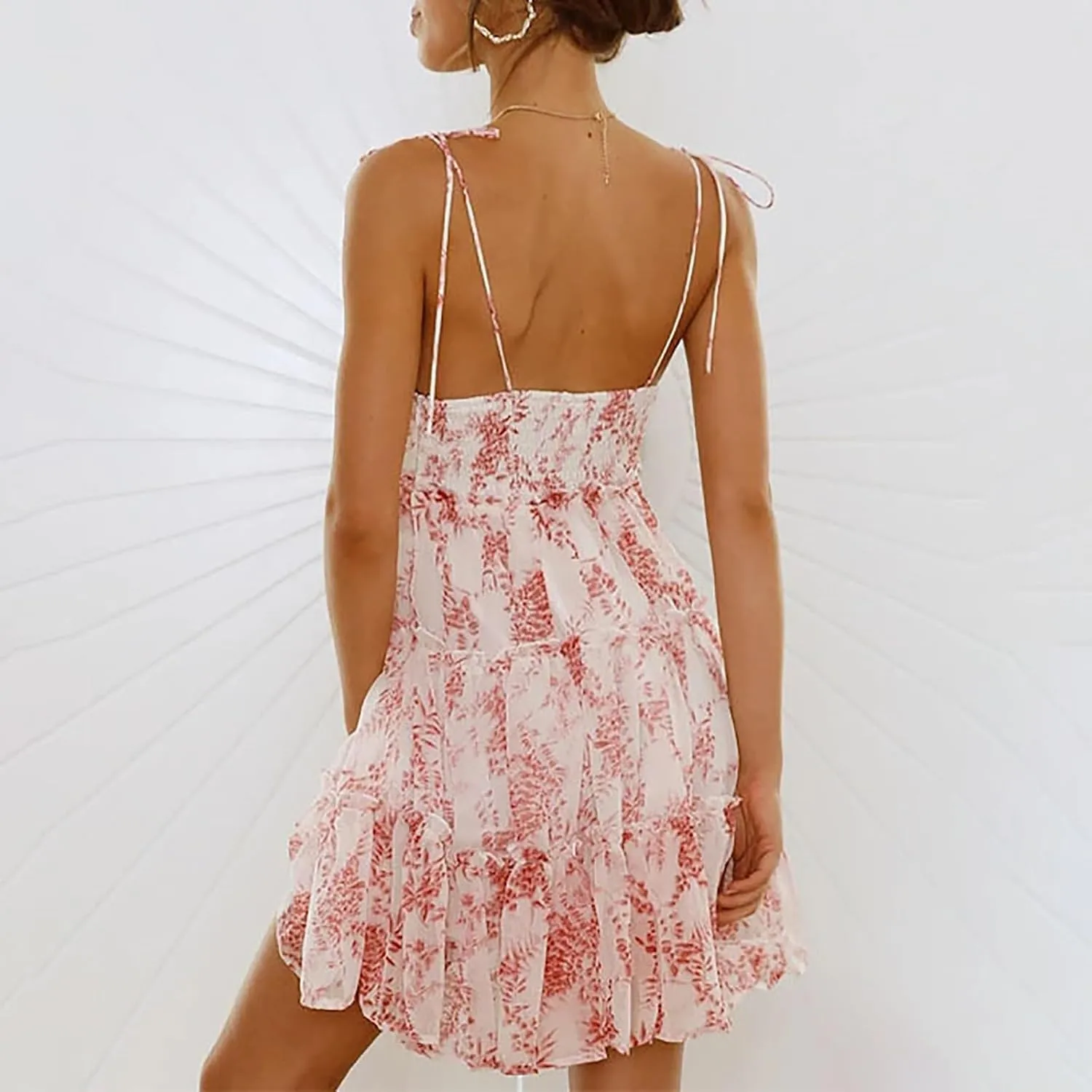 Women Spaghetti Strap Floral Mini Dress Cute Boho Flowy Babydoll Dress Sleeveless Ruffle Tiered Skater Dress Sundress