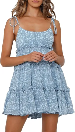 Women Spaghetti Strap Floral Mini Dress Cute Boho Flowy Babydoll Dress Sleeveless Ruffle Tiered Skater Dress Sundress
