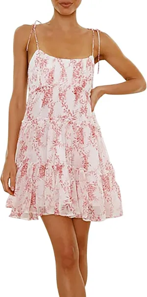 Women Spaghetti Strap Floral Mini Dress Cute Boho Flowy Babydoll Dress Sleeveless Ruffle Tiered Skater Dress Sundress