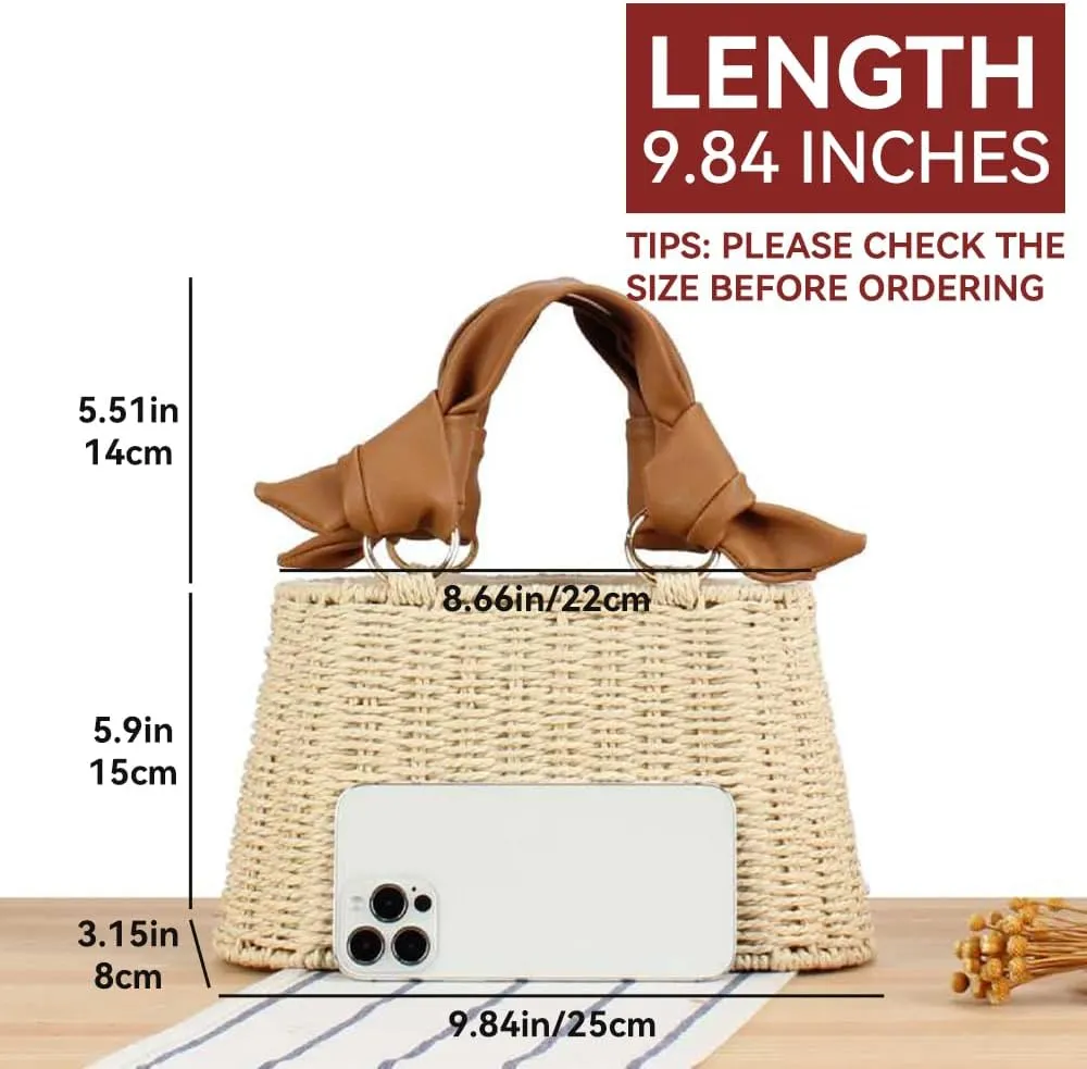 Women Straw Handbag Rattan Woven Beach Bag Chic Drawstring Bucket Purse for Summer Vacation