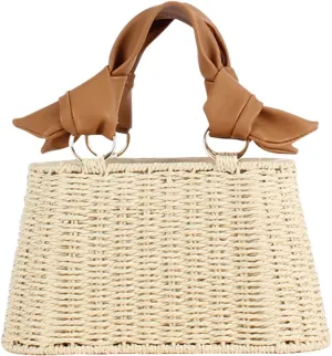 Women Straw Handbag Rattan Woven Beach Bag Chic Drawstring Bucket Purse for Summer Vacation
