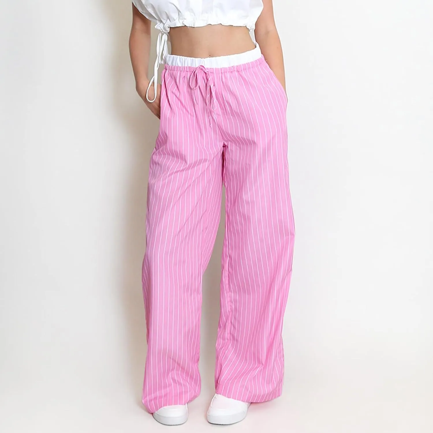 Women Striped Pants Fake Two-Piece High Waist Drawstring Straight Leg Trousers with Pockets