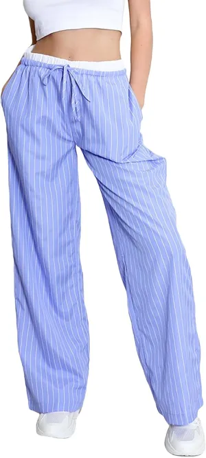 Women Striped Pants Fake Two-Piece High Waist Drawstring Straight Leg Trousers with Pockets