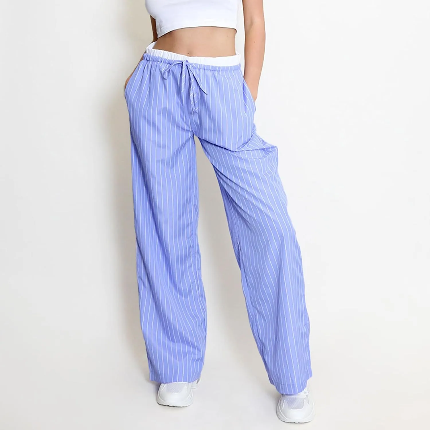 Women Striped Pants Fake Two-Piece High Waist Drawstring Straight Leg Trousers with Pockets