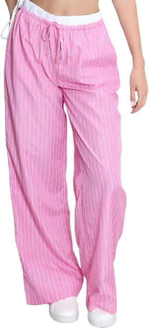 Women Striped Pants Fake Two-Piece High Waist Drawstring Straight Leg Trousers with Pockets
