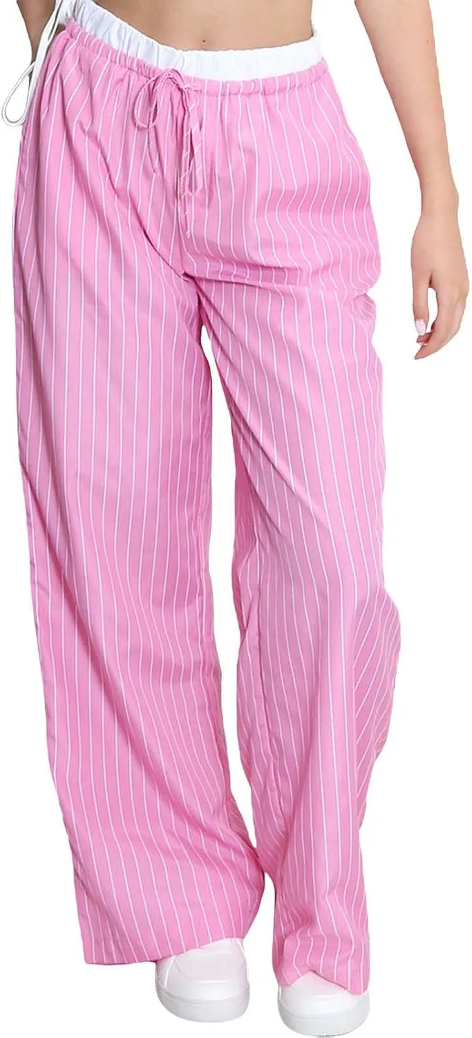 Women Striped Pants Fake Two-Piece High Waist Drawstring Straight Leg Trousers with Pockets