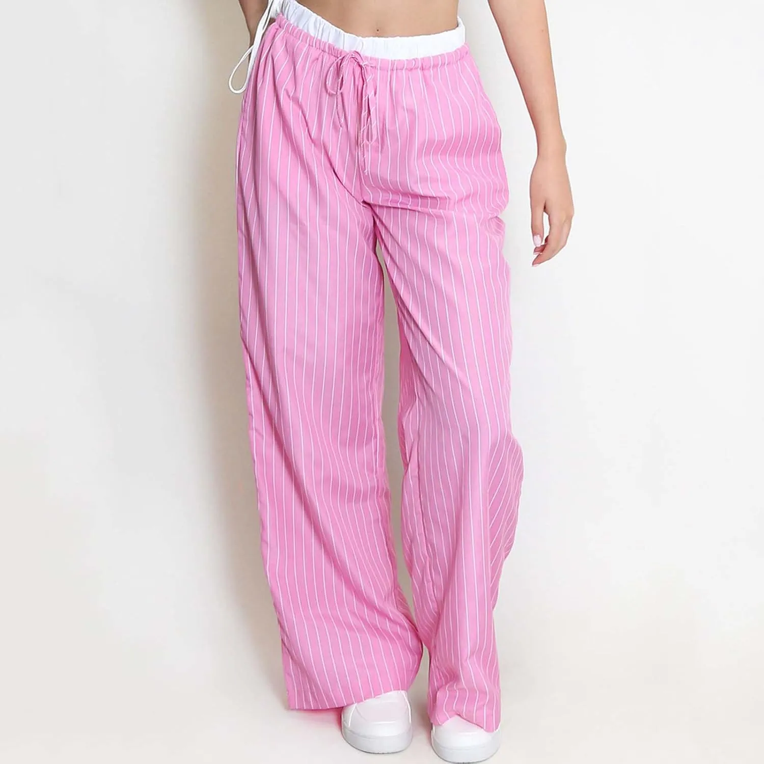 Women Striped Pants Fake Two-Piece High Waist Drawstring Straight Leg Trousers with Pockets