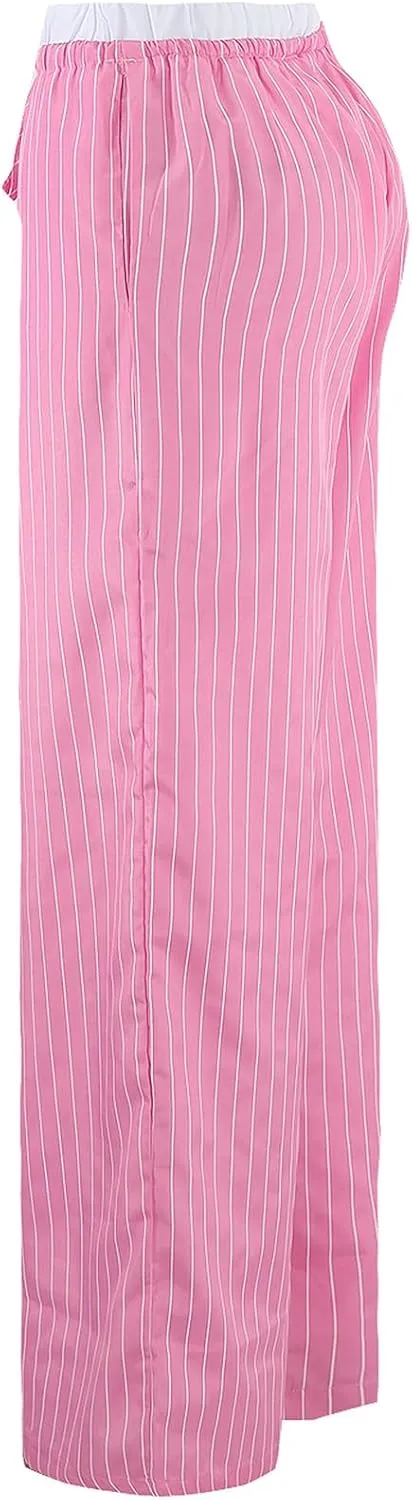 Women Striped Pants Fake Two-Piece High Waist Drawstring Straight Leg Trousers with Pockets