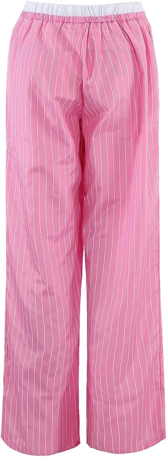 Women Striped Pants Fake Two-Piece High Waist Drawstring Straight Leg Trousers with Pockets